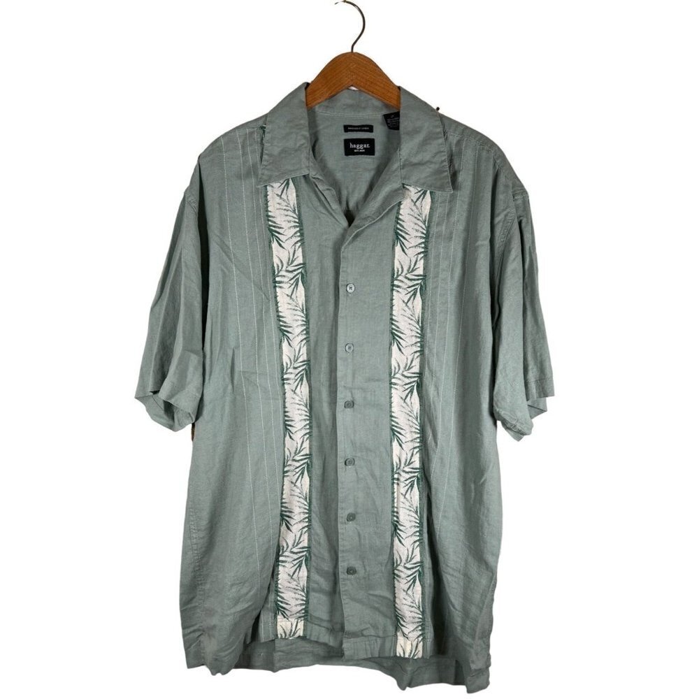Haggar Mens Size L Tall Washable Linen Sage Green Hawaiian Shirt & Bamboo border
